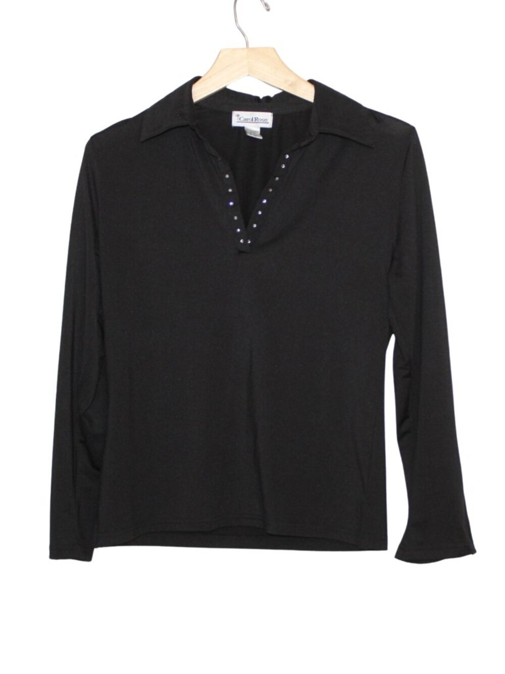 Vtg 90s Carol Rose blouse size S black rhinestone split sleeve pointed collar
